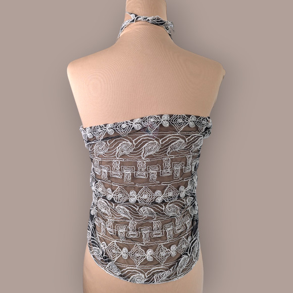 90s Vintage Cream Embroidered Sheer Black Mesh Wrap Shawl - Picture 4 of 9